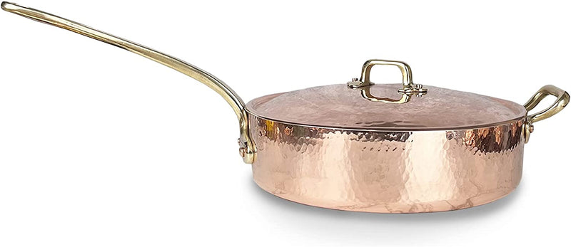 Coppermill Kitchen | Vintage Inspired Large Saute Pan & Lid | Authentic Copper & Brass | Tin-Lined | Hammered Finish | Made in Italy | 3.75 Quarts