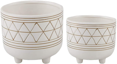 Flora Bunda Mid Century Set of 2 Handpainted Geometric Ceramic Planter 6 Inch W & 5 Inch W Ceramic Planter Pot with Sturdy Legs, White and Gold Line Planter Pot