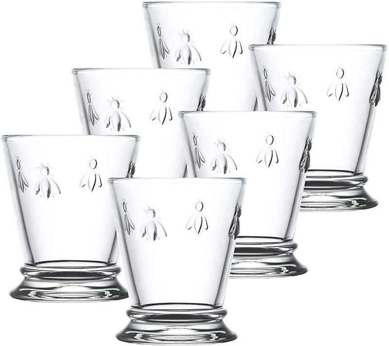 Napoleon Bee Tumblers Set Of 6 - 9 oz - Clear Glass Tumbler w/ The French Bee Embossed Design - Fine French Glassware, Drinking Glasses, Heavy Water Glasses, Dishwasher Safe Juice Glasses