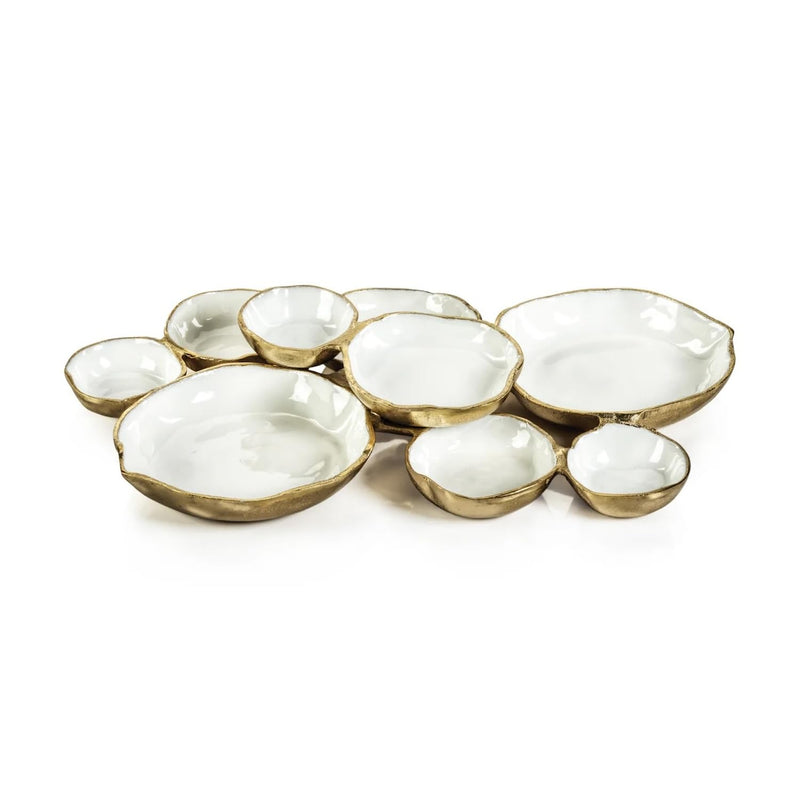 Zodax Cluster of Nine Round Serving Bowls | Gold and White Enamel | 19 in x 12 in x 2.5 in