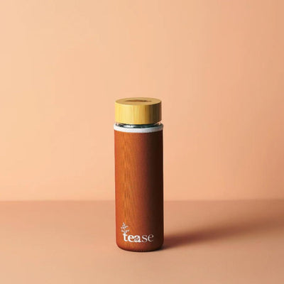 Tease Tea Glass & Bamboo Tea Tumbler 3 in 1 Versatile Infuser to Brew Tea, Coffee, Fruit Water Infused Drinks Mocktails, Includes Neoprene Sleeve Handle, Bamboo Lid, Airtight Leak-Proof 450ml (Cinnamon)