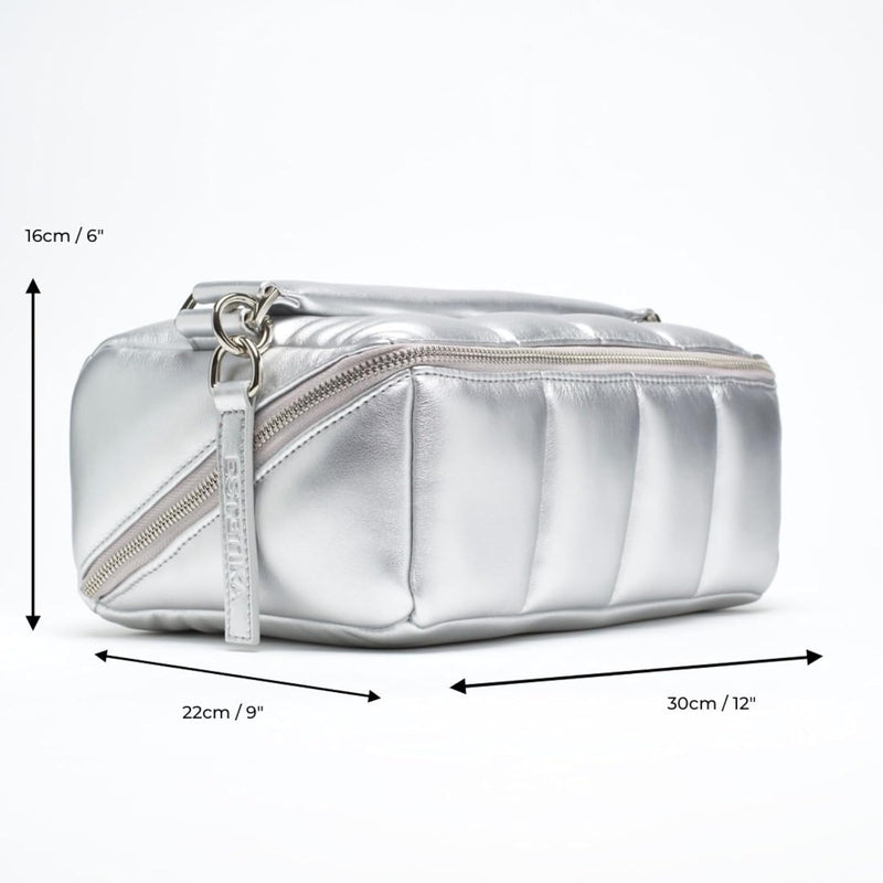 The Bigee Large Makeup Bag Organizer for Women – Puffy Quilted Travel Case with Flat Base, Zip Pockets, Elastic Bands for Beauty Essentials Stylish Beauty Storage Pouch 12"L x9"Wx6"H (Silver)