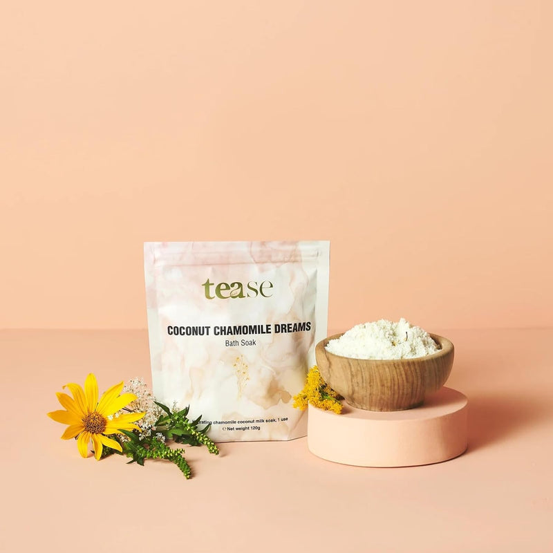 Coconut Chamomile Dreams Bath Soak by Tease Tea - Luxury Spa Epsom Bath Salt Moisturize & Soften Skin Bubble Bath Nourish Post Workout with Essential Oils & Organic Egyptian Chamomile Flowers 600gr