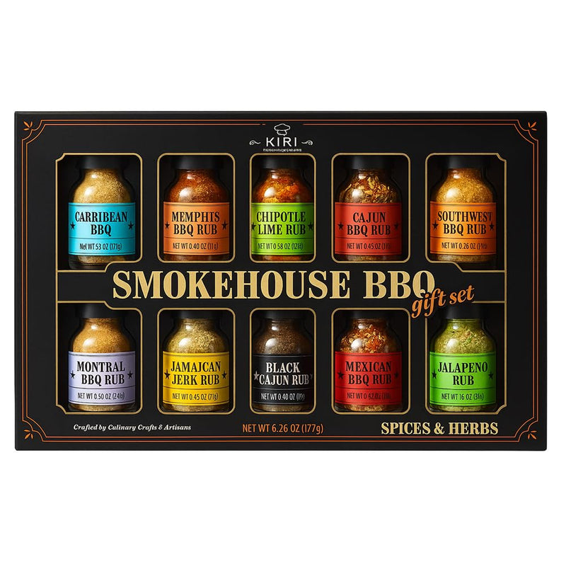 Kiri & Sons Smokehouse BBQ Gourmet Grilling Spice Set | 10-Set | Glass Bottle Seasonings, Grill Seasoning Flavors Include Caribbean, Jamaican Memphis, Jalapeno Rub, Montreal, Cajun Chili Garlic & More