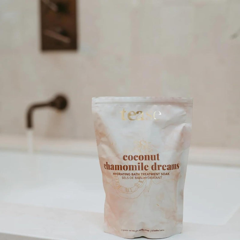 Coconut Chamomile Dreams Bath Soak by Tease Tea - Luxury Spa Epsom Bath Salt Moisturize & Soften Skin Bubble Bath Nourish Post Workout with Essential Oils & Organic Egyptian Chamomile Flowers 600gr