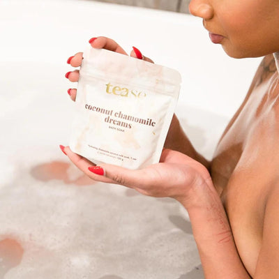 Coconut Chamomile Dreams Bath Soak by Tease Tea - Luxury Spa Epsom Bath Salt Moisturize & Soften Skin Bubble Bath Nourish Post Workout with Essential Oils & Organic Egyptian Chamomile Flowers 600gr