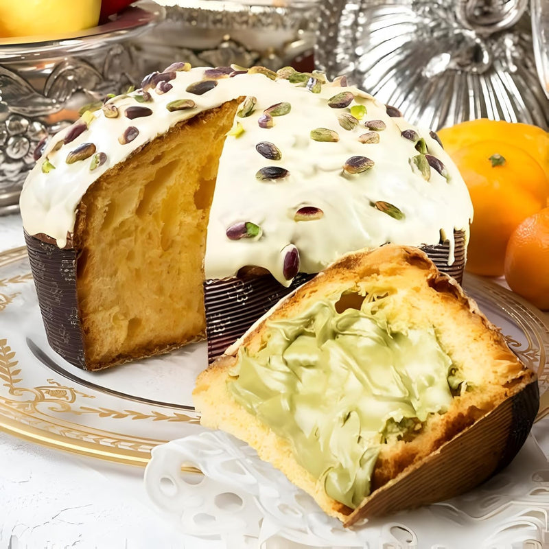 Fiasconaro Sicilian Pistachio Panettone | Dolce and Gabbana Metal Tin with Pistachio Cream Spread, White Chocolate | Traditional Italian Christmas Cake Dessert Hostess Gifts Made In Italy 21oz (Green)