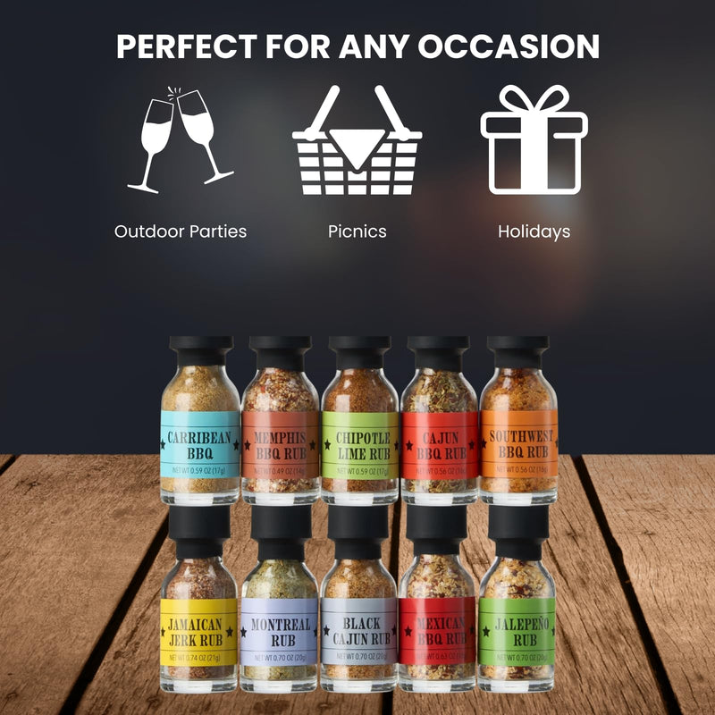 Kiri & Sons Smokehouse BBQ Gourmet Grilling Spice Set | 10-Set | Glass Bottle Seasonings, Grill Seasoning Flavors Include Caribbean, Jamaican Memphis, Jalapeno Rub, Montreal, Cajun Chili Garlic & More