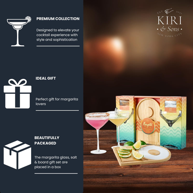 2-Pack Premium Margarita & Cocktail Flavored Salt Rimmers + Glasses & Wooden Rimmer Board, Variety Set 3.5oz - Chili & Original Drop Sugar, Salets, No Silicon Dioxide, Kiri & Sons