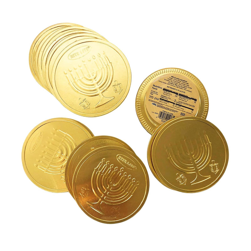 Rite Lite Hanukkah Gelt Chocolate Bulk 24 Pack in Display Box Belgian Milk Chocolate Gold Foiled Menorah Extra Large Coins Kosher Dairy Chanukah Gelt Jewish Holiday Party Favors Judaica Hostess Gifts
