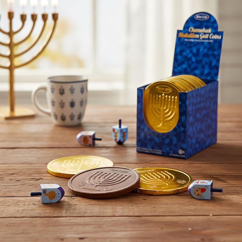 Rite Lite Hanukkah Gelt Chocolate Bulk 24 Pack in Display Box Belgian Milk Chocolate Gold Foiled Menorah Extra Large Coins Kosher Dairy Chanukah Gelt Jewish Holiday Party Favors Judaica Hostess Gifts