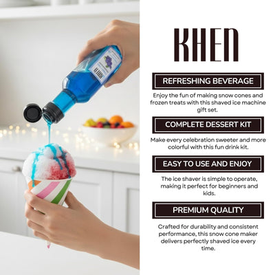 Snow Cone Machine Gift Set – Electric Shaved Ice Maker Kit with 5 Syrup Flavors - Includes Cone Cups, Straws & Ice Molds, Frozen Dessert Kit Maker for Kids & Parties, Birthday, Hawaiin Slushie Machine