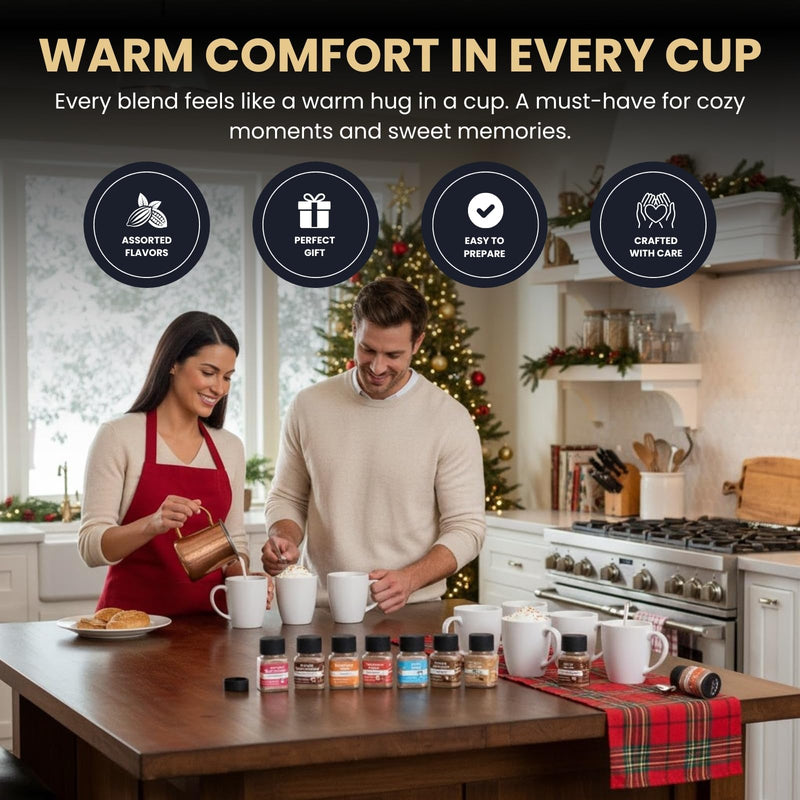 Hot Chocolate Mix Gift Set – 16 Mini Bottle Cocoa Sampler with Assorted Gourmet Flavors Including Caramel, Vanilla, Double Cocoa, Peppermint Swirl, Toasted Marshmallow & More, Winter Beverage Gift Box