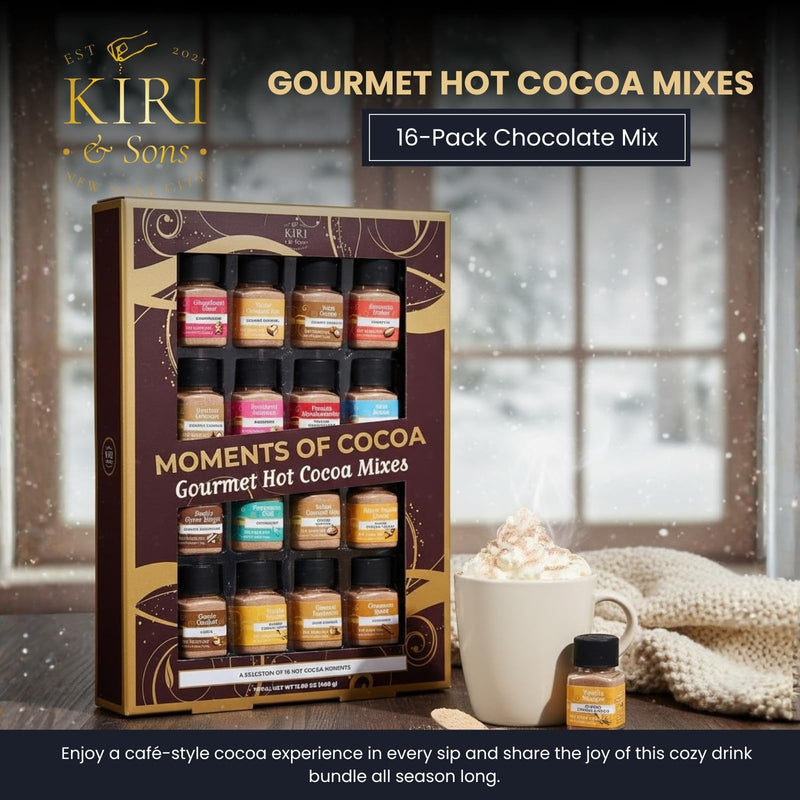 Hot Chocolate Mix Gift Set – 16 Mini Bottle Cocoa Sampler with Assorted Gourmet Flavors Including Caramel, Vanilla, Double Cocoa, Peppermint Swirl, Toasted Marshmallow & More, Winter Beverage Gift Box