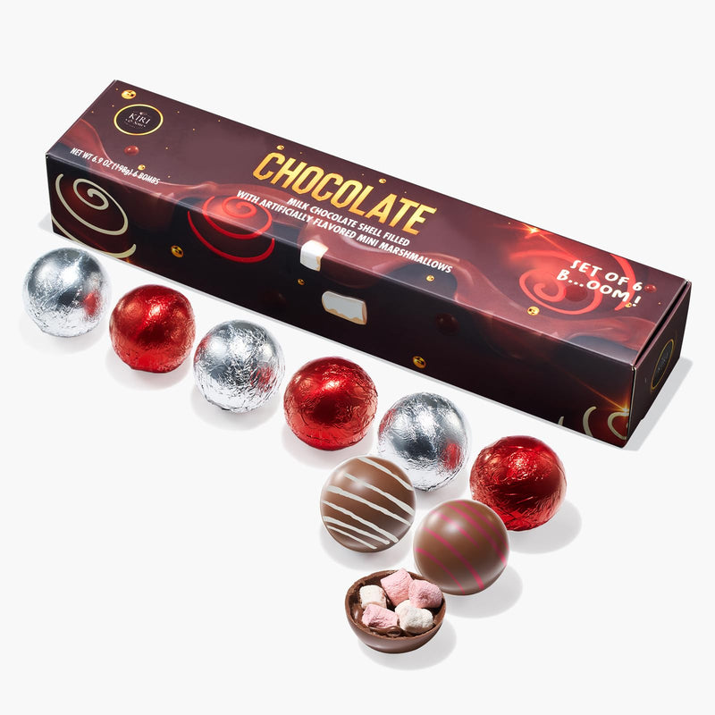 Hot Chocolate Bom Marshmallow Balls - Set of 6-2 Flavors White & Red Swirl Design Caramel & Fudge Brownie Candy Chocolates - Delicious Cocoa Melts Filled Marshmallows - Gift Melting Delicious Gifts