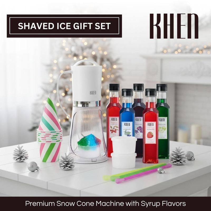 Snow Cone Machine Gift Set – Electric Shaved Ice Maker Kit with 5 Syrup Flavors - Includes Cone Cups, Straws & Ice Molds, Frozen Dessert Kit Maker for Kids & Parties, Birthday, Hawaiin Slushie Machine