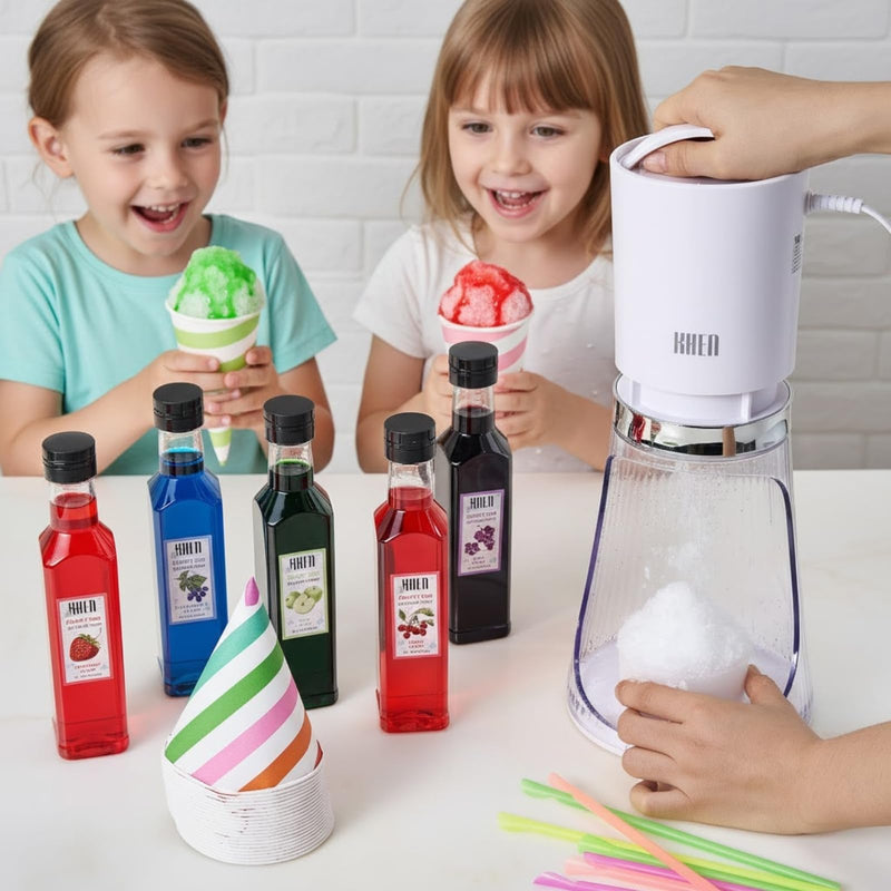 Snow Cone Machine Gift Set – Electric Shaved Ice Maker Kit with 5 Syrup Flavors - Includes Cone Cups, Straws & Ice Molds, Frozen Dessert Kit Maker for Kids & Parties, Birthday, Hawaiin Slushie Machine