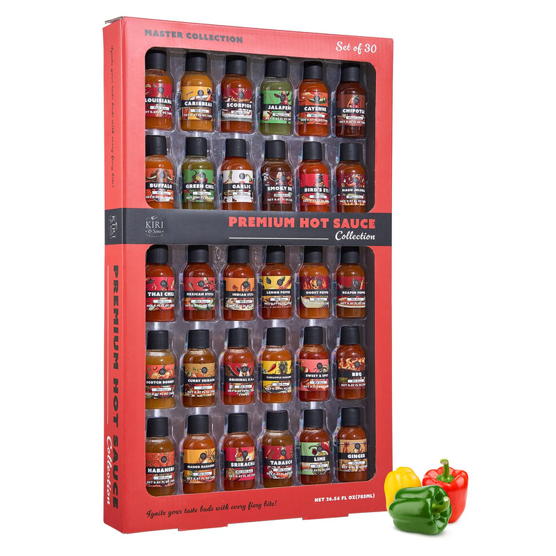 Hot Sauce Gift Set of 30 – Master Collection Variety Sampler Box, Assorted Gourmet Flavors, Spicy Chili Pepper Pack for Cooking, Grilling & Dipping | Heat Challenge Gift for Men, Food & Spice Lovers
