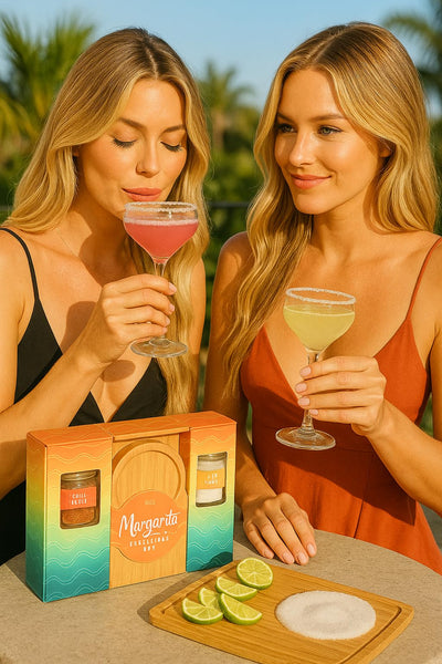 2-Pack Premium Margarita & Cocktail Flavored Salt Rimmers + Glasses & Wooden Rimmer Board, Variety Set 3.5oz - Chili & Original Drop Sugar, Salets, No Silicon Dioxide, Kiri & Sons