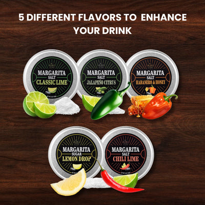 5-Pack Premium Margarita & Cocktail Flavored Salt Rimmer, Variety Set 3.5oz - Chili Lime, Lemon Drop Sugar, Lime, Habanero & Honey, Jalapeno Citrus - No Silicon Dioxide, Easy Screw-On Lid, Kiri & Sons