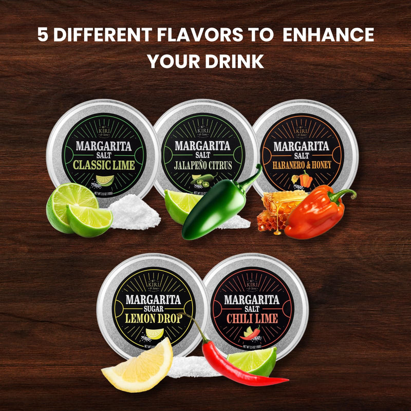 5-Pack Premium Margarita & Cocktail Flavored Salt Rimmer, Variety Set 3.5oz - Chili Lime, Lemon Drop Sugar, Lime, Habanero & Honey, Jalapeno Citrus - No Silicon Dioxide, Easy Screw-On Lid, Kiri & Sons