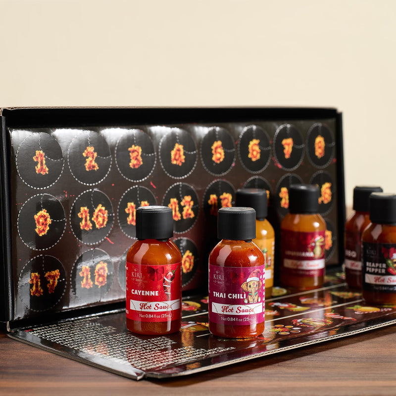 Kiri & Sons Hot Sauce Advent Calendar 24 | Gourmet Spicy Gift Set with Chili Pepper Variety | 24-Day Heat Challenge for Food Lovers and Chefs | Premium Condiment Collection for Cooking Grilling