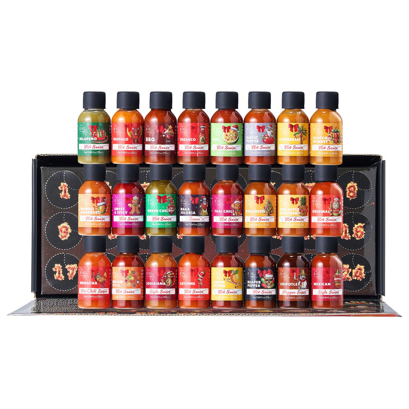 Kiri & Sons Hot Sauce Advent Calendar 24 | Gourmet Spicy Gift Set with Chili Pepper Variety | 24-Day Heat Challenge for Food Lovers and Chefs | Premium Condiment Collection for Cooking Grilling