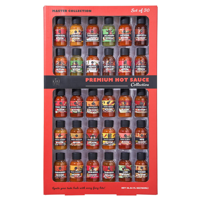 Hot Sauce Gift Set of 30 – Master Collection Variety Sampler Box, Assorted Gourmet Flavors, Spicy Chili Pepper Pack for Cooking, Grilling & Dipping | Heat Challenge Gift for Men, Food & Spice Lovers