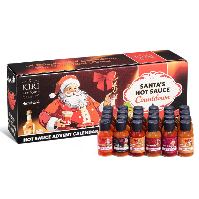 Kiri & Sons Hot Sauce Advent Calendar 24 | Gourmet Spicy Gift Set with Chili Pepper Variety | 24-Day Heat Challenge for Food Lovers and Chefs | Premium Condiment Collection for Cooking Grilling