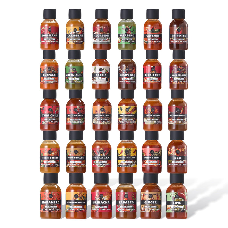 Hot Sauce Gift Set of 30 – Master Collection Variety Sampler Box, Assorted Gourmet Flavors, Spicy Chili Pepper Pack for Cooking, Grilling & Dipping | Heat Challenge Gift for Men, Food & Spice Lovers