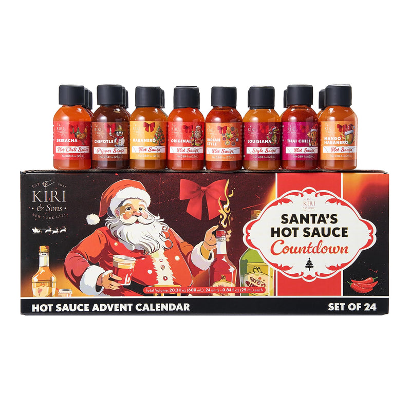 Kiri & Sons Hot Sauce Advent Calendar 24 | Gourmet Spicy Gift Set with Chili Pepper Variety | 24-Day Heat Challenge for Food Lovers and Chefs | Premium Condiment Collection for Cooking Grilling