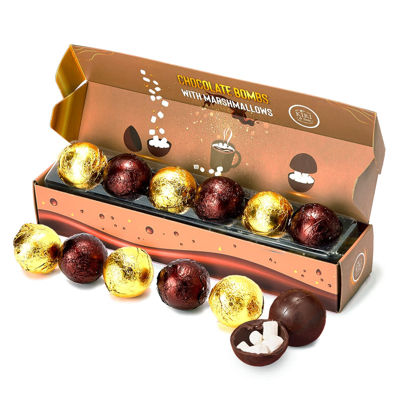 Hot Chocolate Boms Marshmallow Balls - Set of 6 - Delicious Cocoa Melts Bom Filled Marshmallows - 2 Flavors Caramel & Fudge Brownie Candy - Classic Milk Chocolates Cocoa Melt Gift - Delicious Gifts