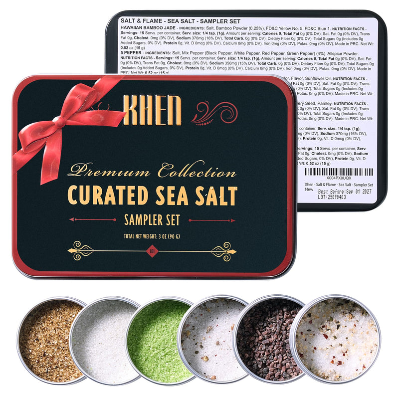 Curated Sea Salt Gift Set of 6 – Gourmet Chefs Collection Finishing Seasoning Variety Pack - Tin Gift Box | Sampler Cooking, Grilling & Baking | Assorted Natural Blends Foodies & Special Occasions