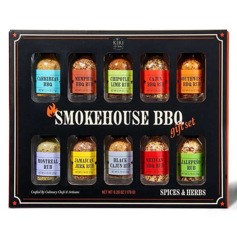 Kiri & Sons Smokehouse BBQ Gourmet Grilling Spice Set | 10-Set | Glass Bottle Seasonings, Grill Seasoning Flavors Include Caribbean, Jamaican Memphis, Jalapeno Rub, Montreal, Cajun Chili Garlic & More