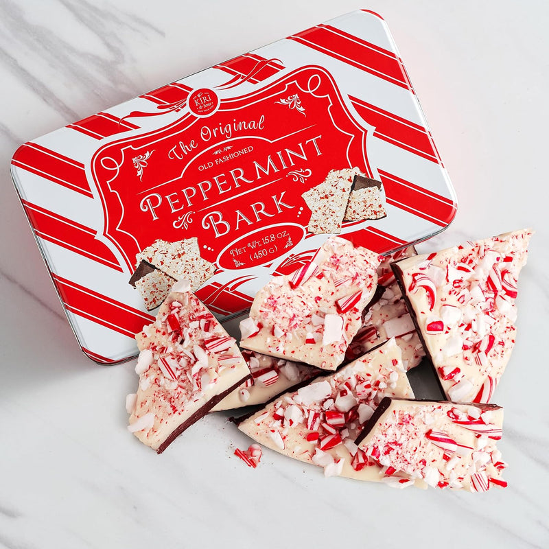 Kiri & Sons Handmade Layered Original Dark and White Chocolate Peppermint Bark - 1Lb Winter Bark Assorted Squares - Winter Candy, Sweets Gift Tin, Old Fashioned Treat, Stocking Stuffer