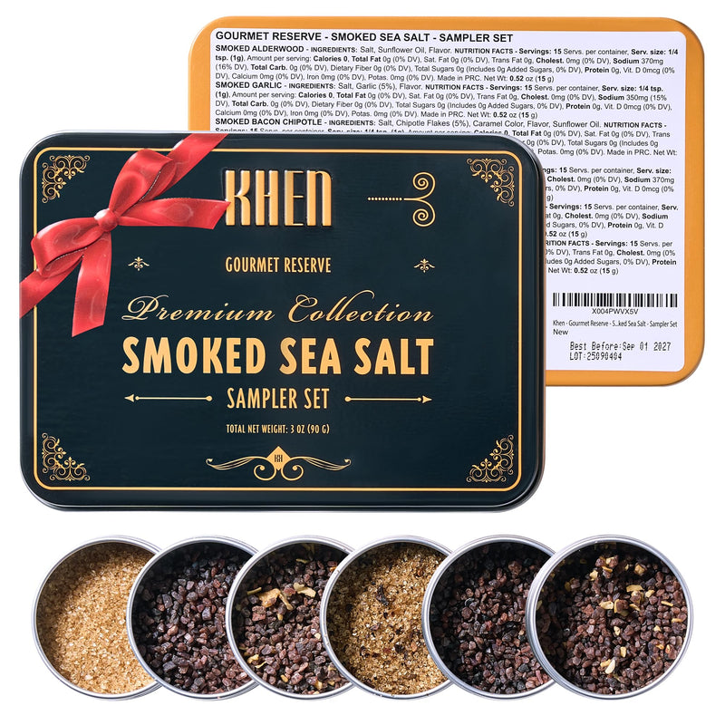 Smoke & Flame Sea Salt Gift Set of 6 – Gourmet Chefs Smoked Finishing Seasoning Variety Pack - Tin Gift Box | Sampler Cooking, Grilling & Baking | Assorted Natural Blends Foodies & Special Occasions