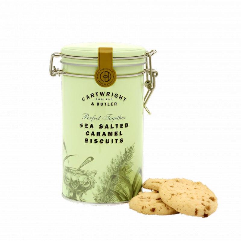 Cartwright & Butler Salted Caramel Biscuits Tin 200g: A Delightful Confection of Buttery & Crumbly Delights, Presented in a Vintage-Inspired Tin with a Convenient Clip Lid for Freshness and Style