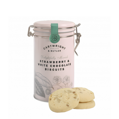 Cartwright & Butler Strawberry & White Chocolate Biscuits Tin 200g: A Sumptuous Blend of Juicy Strawberries and Creamy White Chocolate, Encased in a Vintage-Styled Tin for an Elegant and Delectable Culinary Experience