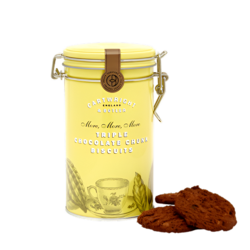 Cartwright & Butler Triple Choc Chunk Biscuits Tin 200g: A Blissful Symphony of Dark, Milk, and White Chocolate Chunks, Infused in Buttery Biscuits, Presented in an Elegant Tin for an Exquisite Chocolate Lover&