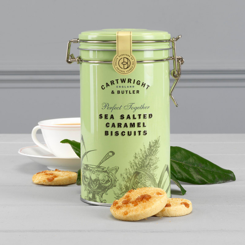 Cartwright & Butler Salted Caramel Biscuits Tin 200g: A Delightful Confection of Buttery & Crumbly Delights, Presented in a Vintage-Inspired Tin with a Convenient Clip Lid for Freshness and Style
