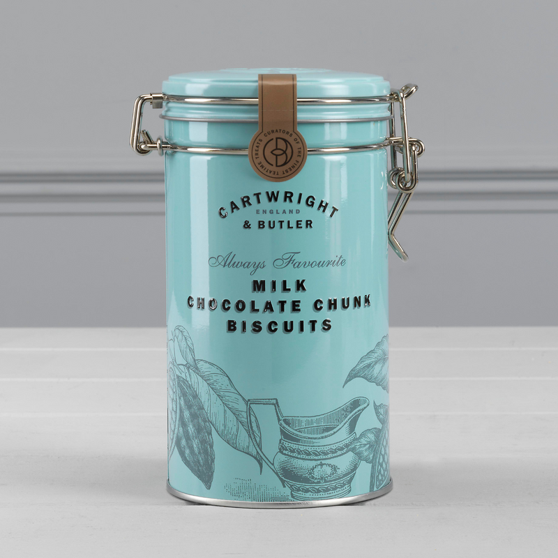 Cartwright & Butler Milk Chocolate Chunk Biscuits Tin 200g: A Decadent Fusion of Buttery Biscuits with Generous Chunks of Smooth Milk Chocolate, Presented in a Charming Tin for an Irresistible Gourmet Treat