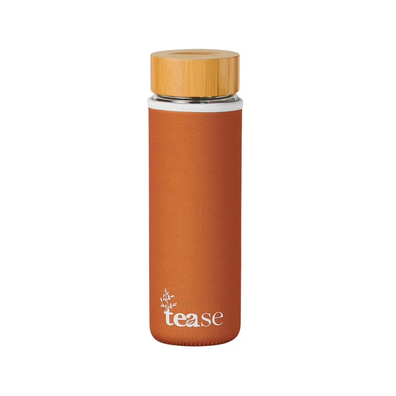 Tease Tea Glass & Bamboo Tea Tumbler 3 in 1 Versatile Infuser to Brew Tea, Coffee, Fruit Water Infused Drinks Mocktails, Includes Neoprene Sleeve Handle, Bamboo Lid, Airtight Leak-Proof 450ml (Cinnamon)