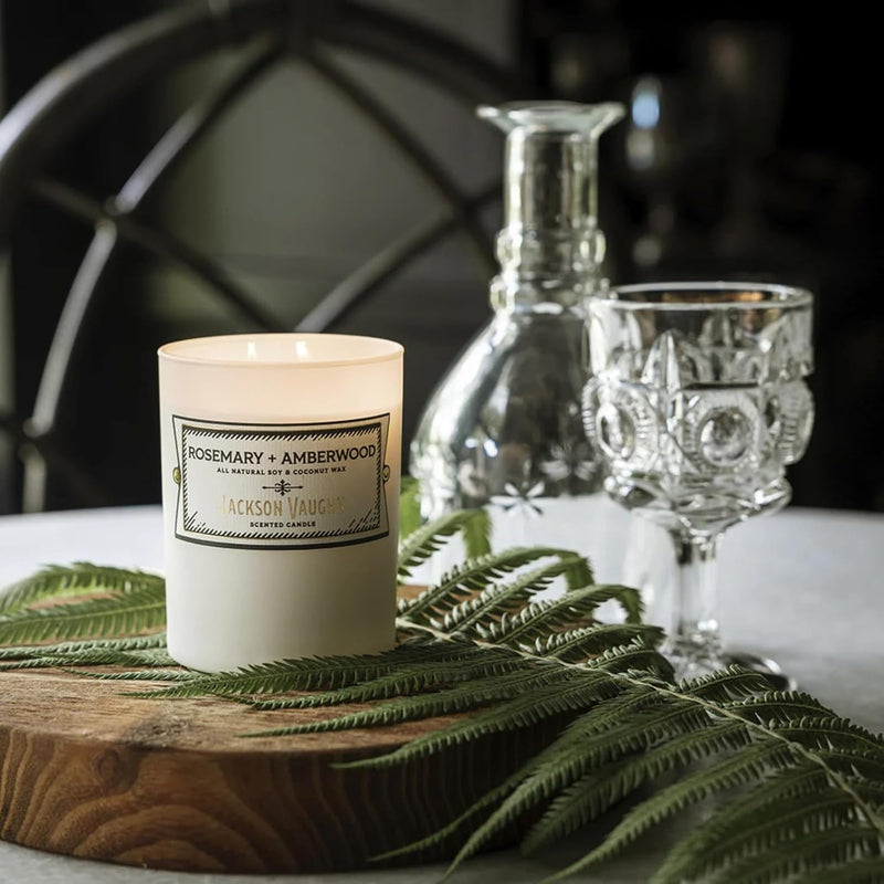 Jackson Vaughn Daily Rituals Candle | Aromatherapy Long Lasting Candles Opaque Frosted Glass Jar Luxury Home Fragrance Decor Gift Hand Poured Soy Wax Blend 30 Hour Burn 13.5oz (Rosemary + Amberwood)