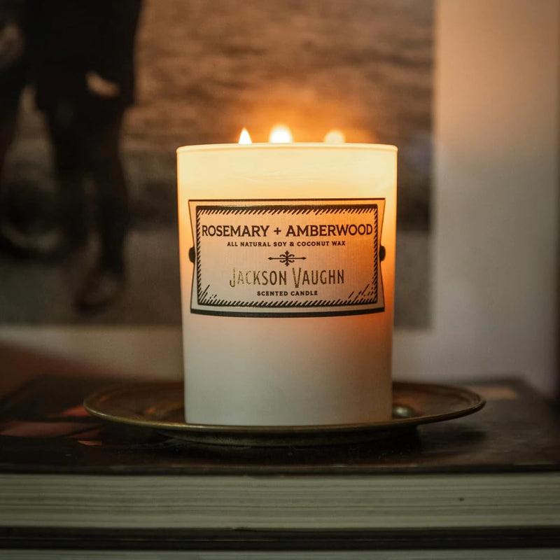 Jackson Vaughn Daily Rituals Candle | Aromatherapy Long Lasting Candles Opaque Frosted Glass Jar Luxury Home Fragrance Decor Gift Hand Poured Soy Wax Blend 30 Hour Burn 13.5oz (Rosemary + Amberwood)