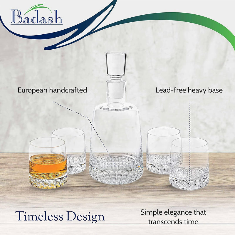 Badash Park Avenue - Crystal Decanter Set with Glasses - 5 Piece Whiskey Decanter Set - Four 10 oz. Mouth-Blown Lead-Free Crystal Whiskey Glasses - Crystal Decanter for Whiskey, Bourbon & Scotch