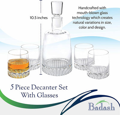 Badash Park Avenue - Crystal Decanter Set with Glasses - 5 Piece Whiskey Decanter Set - Four 10 oz. Mouth-Blown Lead-Free Crystal Whiskey Glasses - Crystal Decanter for Whiskey, Bourbon & Scotch