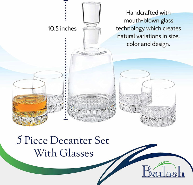 Badash Park Avenue - Crystal Decanter Set with Glasses - 5 Piece Whiskey Decanter Set - Four 10 oz. Mouth-Blown Lead-Free Crystal Whiskey Glasses - Crystal Decanter for Whiskey, Bourbon & Scotch