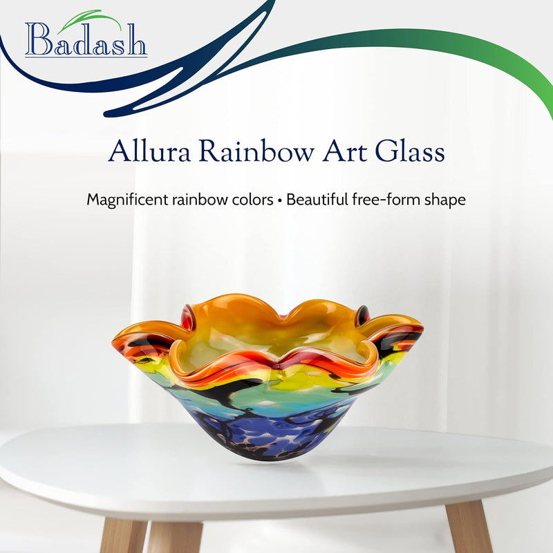 Badash Allura Bowl - Murano-Style Rainbow Art Glass - Murano-Style Art Glass Bowl Centerpiece - 8” Mouth-Blown Glass Bowl - Decor Bowl Centerpiece Home Decor Accent