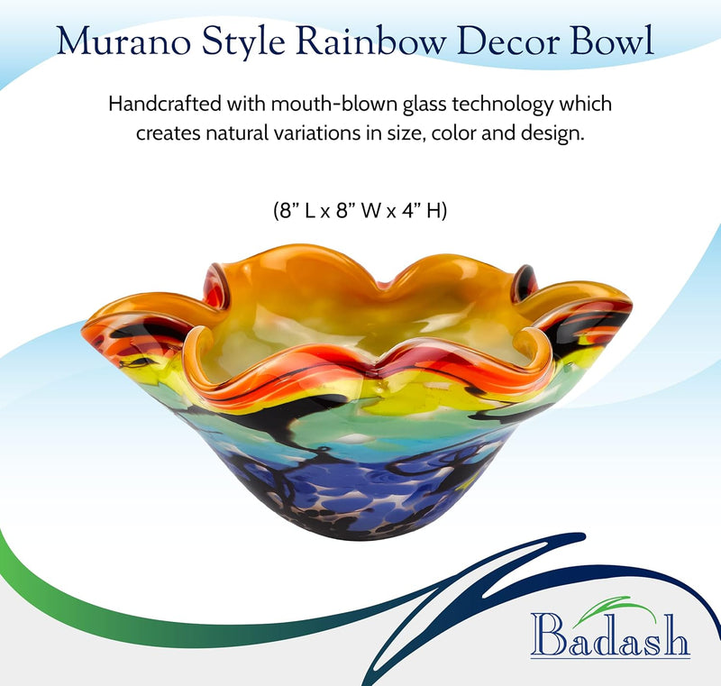 Badash Allura Bowl - Murano-Style Rainbow Art Glass - Murano-Style Art Glass Bowl Centerpiece - 8” Mouth-Blown Glass Bowl - Decor Bowl Centerpiece Home Decor Accent