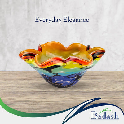 Badash Allura Bowl - Murano-Style Rainbow Art Glass - Murano-Style Art Glass Bowl Centerpiece - 8” Mouth-Blown Glass Bowl - Decor Bowl Centerpiece Home Decor Accent